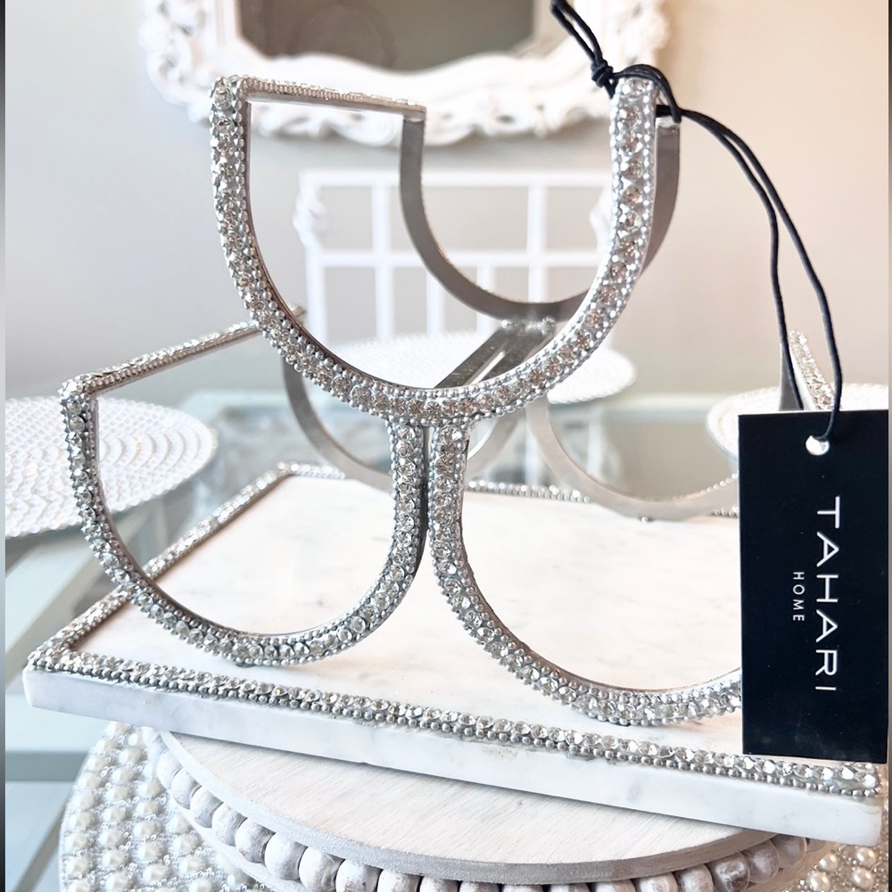 🤍 TAHARI RHINESTONE + White Marble Wine Champagne Rack Tahari NEW